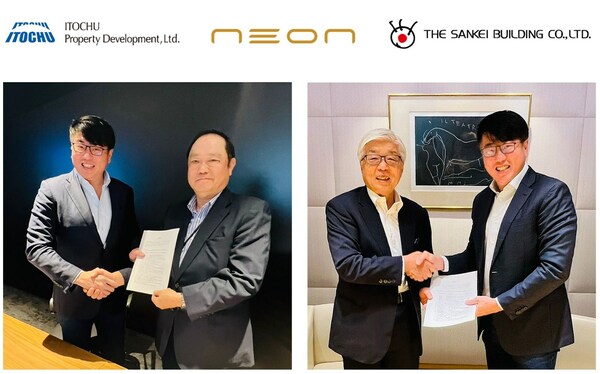 Photo on left: Mr. Ron Tan, Executive Chairman & Group CEO, NEON (left), Mr. Norio Matsu, President of Itochu Property Development, Ltd. (right)  Photo on right: Mr. Kazunobu Iijima, President & CEO of Sankei Building Co., Ltd. (left), Mr. Ron Tan, Executive Chairman & Group CEO, NEON (right)